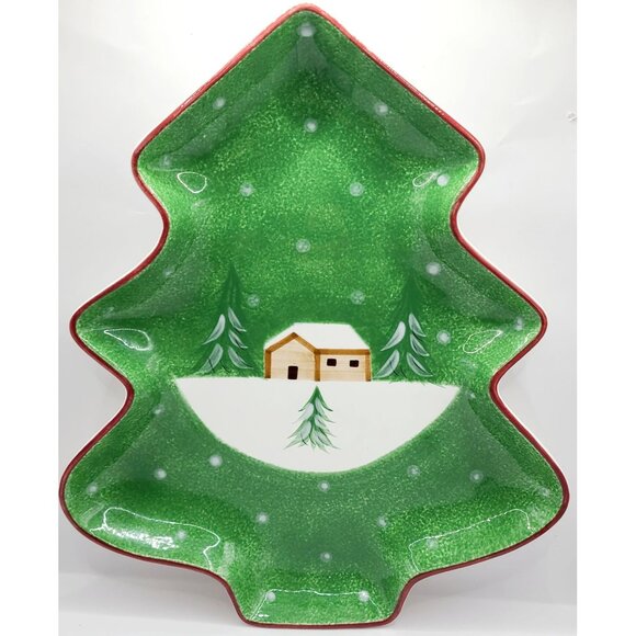 The Cellar Log Cabin Christmas 13" Tree Shaped Holiday Serving Dish 2001 Macys - Picture 1 of 10